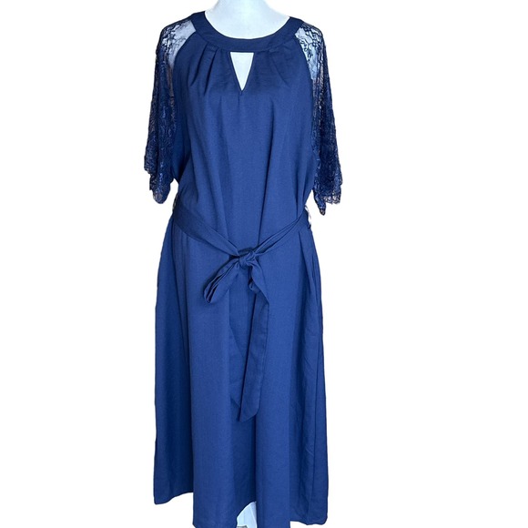 Bloomchic Dress Solid Keyhole‎ Round Neck Pocket Lace Sleeves Navy - Picture 2 of 13
